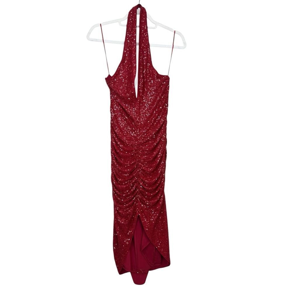 NEW Susana Monaco Red Sequin Halter Ruched Stretch Midi Dress Size Medium - Picture 4 of 10